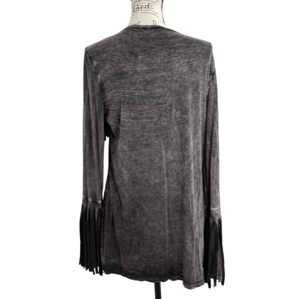 T Party Womens Size M Open Front Cardigan Fringe Washed Black Long Sleeve NEW - Picture 3 of 7